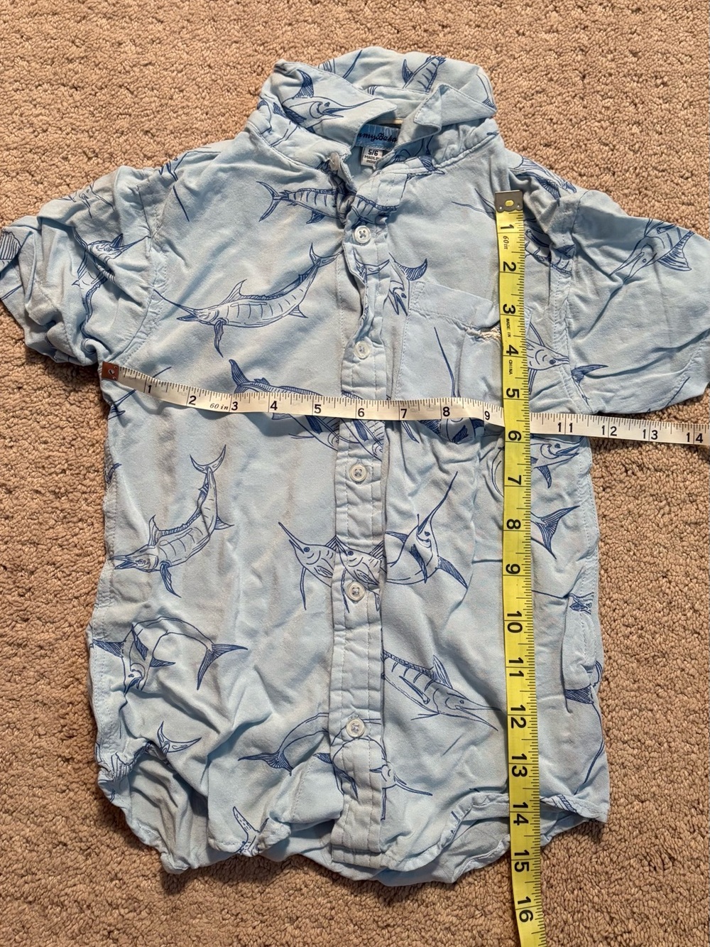 Tommy Bahama Light Blue Short-Sleeve Button Shirt with Navy Marlin Print
